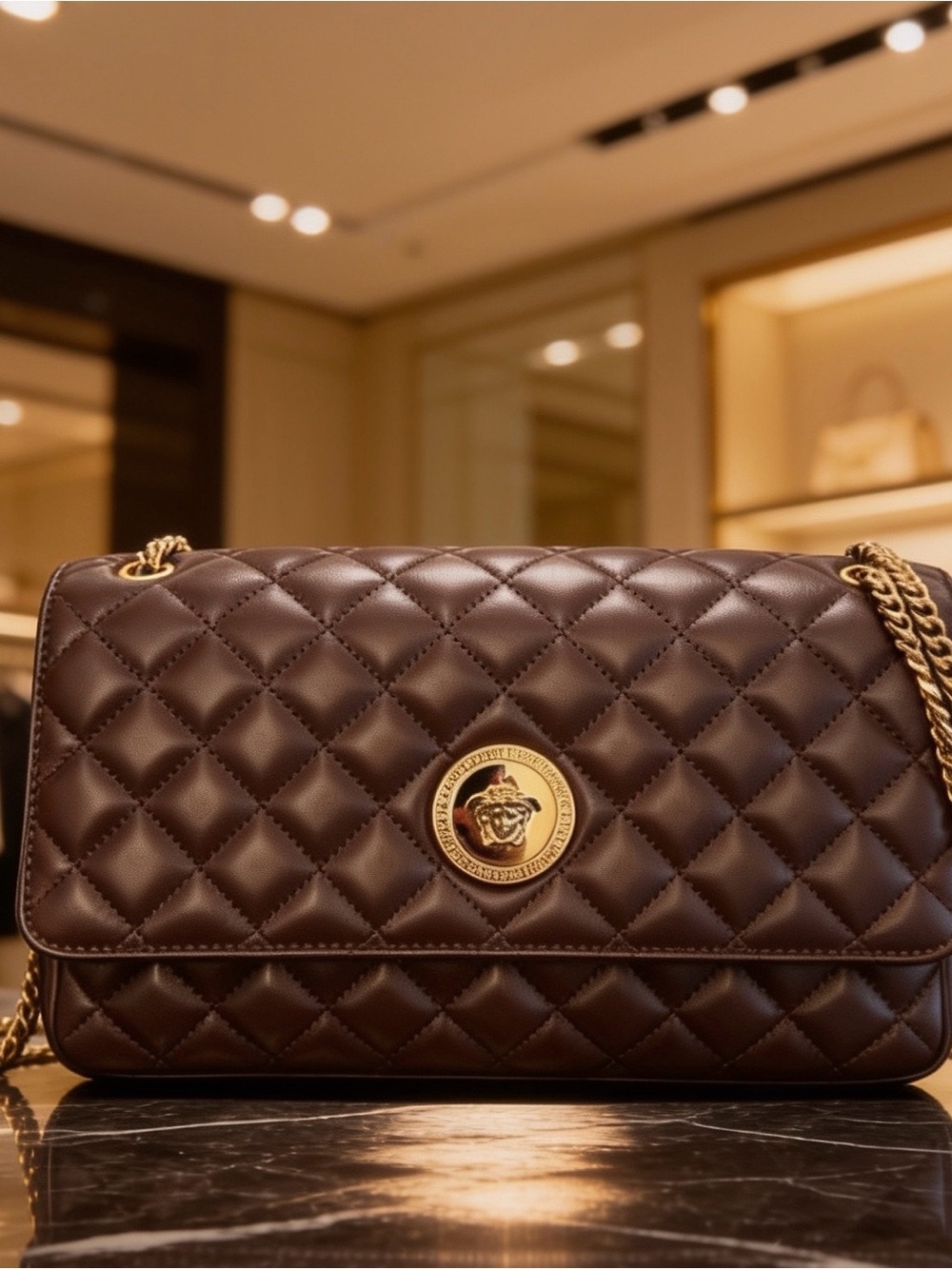 Versace La Medusa Brown Quilted Lambskin Leather Medium Crossbody Shoulder Bag - Picture 1 of 16